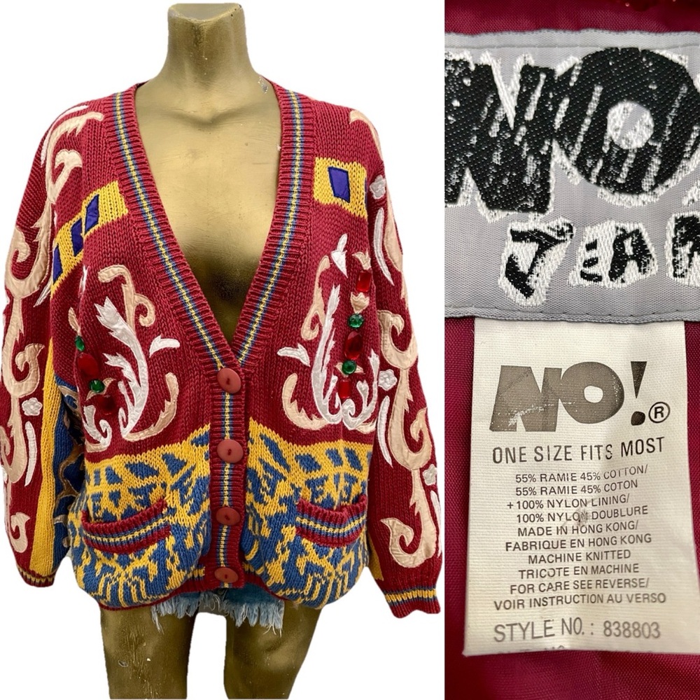 NO! JEANS Vintage 80’s CARDIGAN SWEATER With APPLIQUÉ and RHINESTONES O/S